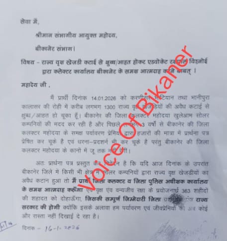 बीकानेर: खेजड़ी कटाई से आहत अधिवक्ता ने दी कलेक्ट्रेट के सामने आत्मदाह की चेतावनी,मचा हड़कंप